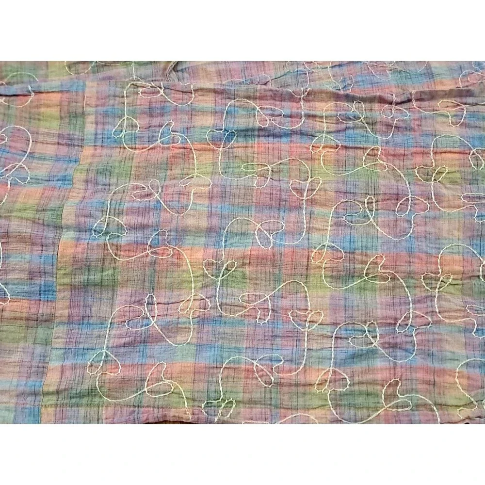 Pastel Plaid Valance Extra Long White Stitching Cottage Country 126x12